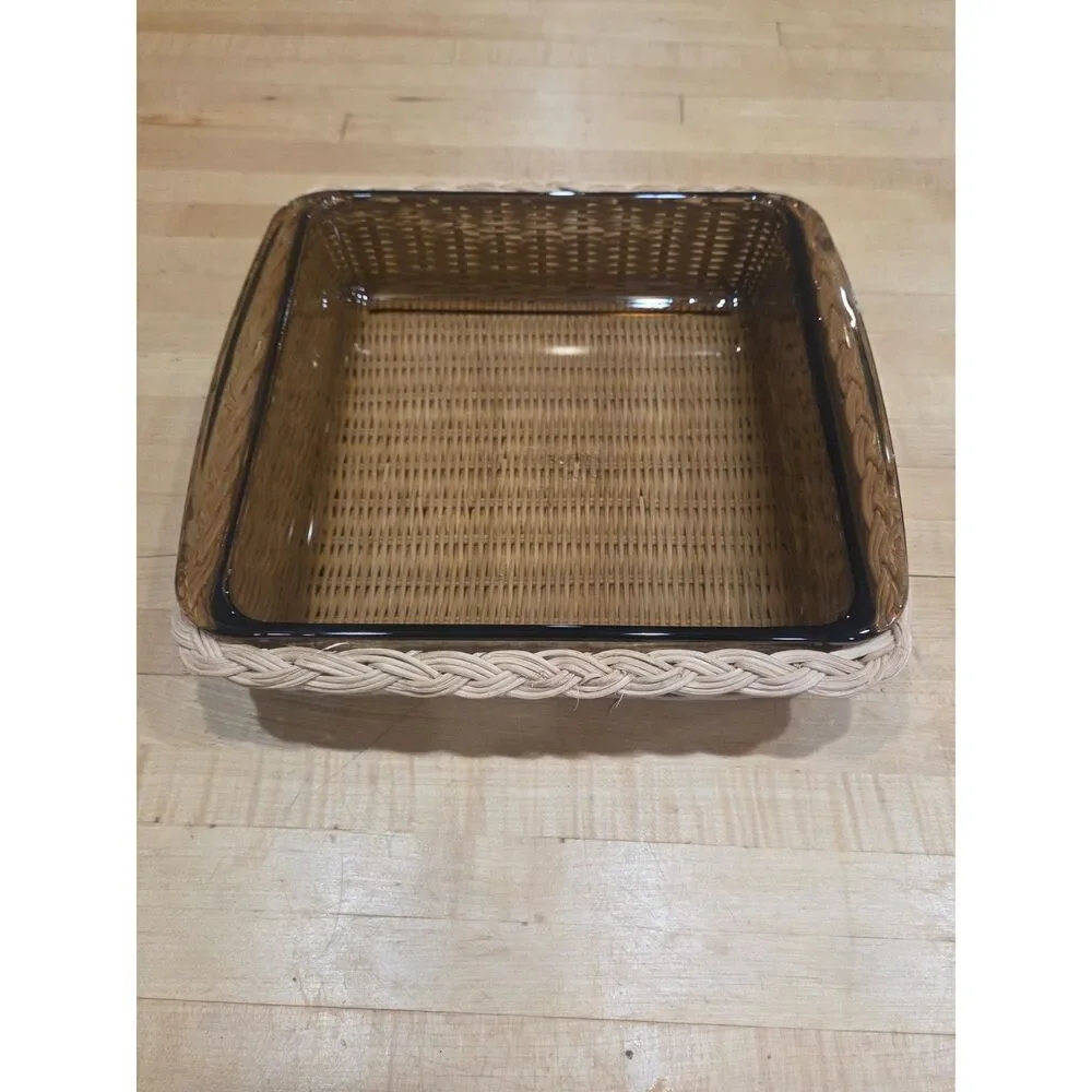 Vintage Pyrex Fireside Amber Glass 8 Inch Square Baking Dish 222 Woven Basket